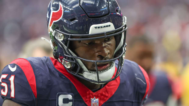 Texans defensive end Will Anderson Jr. (51) runs off the field at the end of the first half against the Tennessee Titans at NRG Stadium